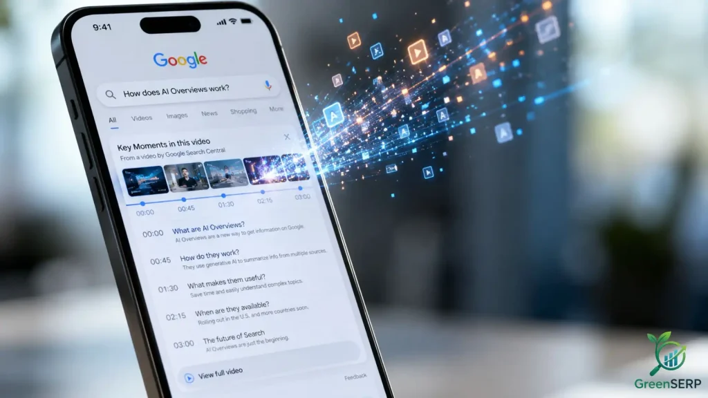 A mobile phone screen showing Google search results with extracted video key moments and timestamps for a tutorial.
