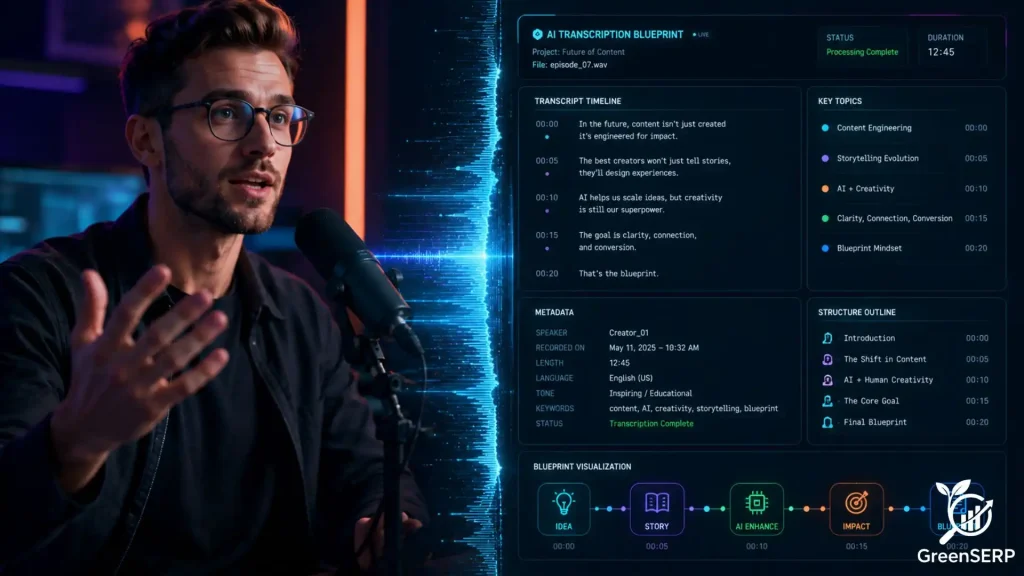 A split-screen showing a video creator speaking into a microphone while their speech is transformed into a structured digital metadata blueprint.
